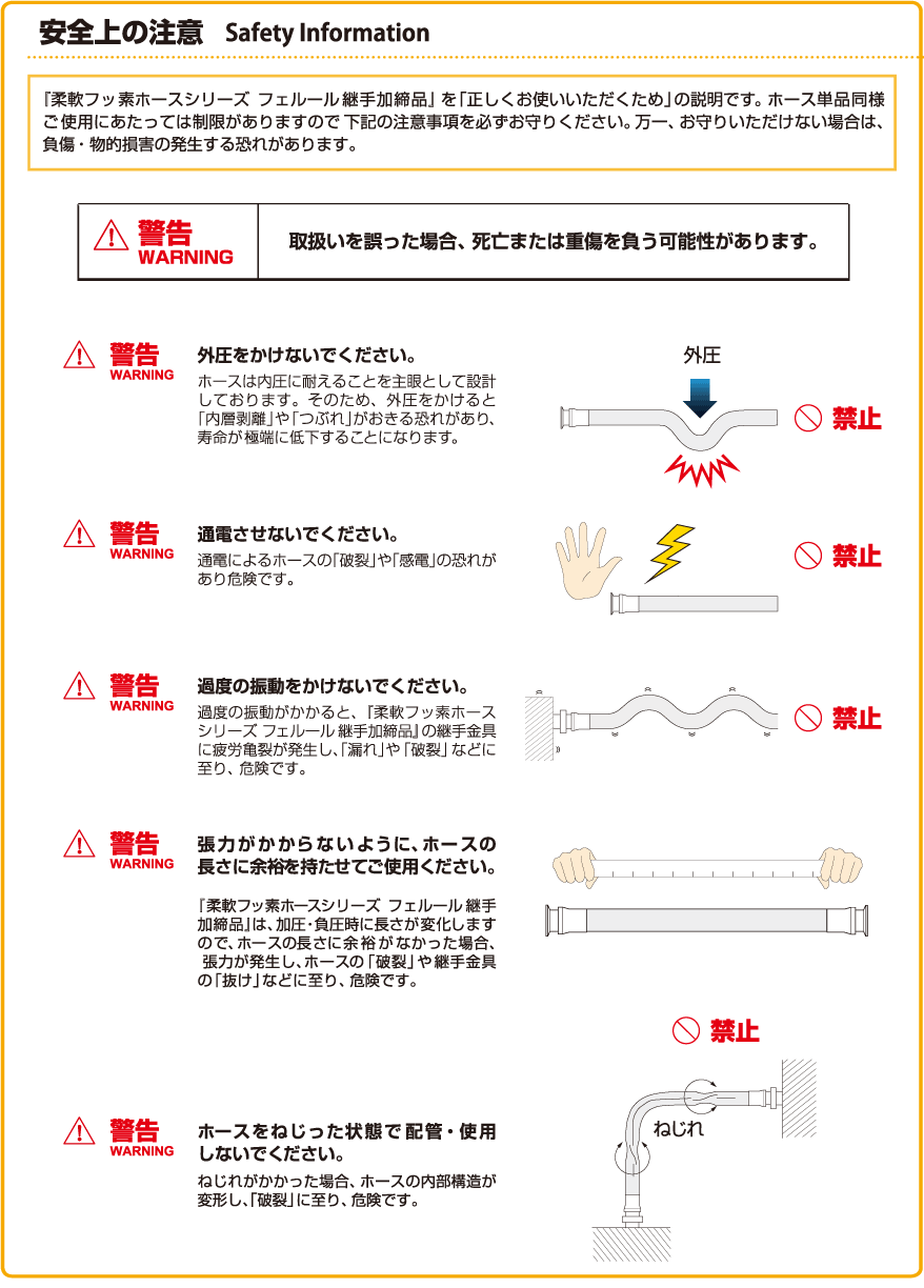 安全上の注意：柔軟フッ素ホースシリーズ フェルール継手加締品／　（１）外圧をかけないでください。（２）通電させないでください。（３）極度の振動をかけないでください。（４）張力がかからないようにホースの長さに余裕を持たせてご使用ください　（５）ホースをねじった状態で配管・使用しないでください。