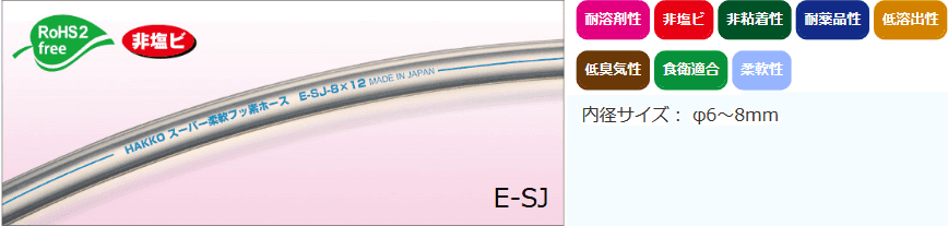 スーパー柔軟フッ素チューブ（E-SJ）は、内層フッ素樹脂（ETFE系）のため、薬品・有機溶剤（メチルエチルケトンMEK、メチルピロリドン、アセトン、キシレン等）にも使用可能です。外層はウレタン樹脂のため柔軟性・機械的強度に優れています。