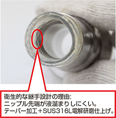 衛生的な継手設計の理由:ニップル先端が液だまりしにくい。テーパー加工+SUS316L電解研磨仕上げ。