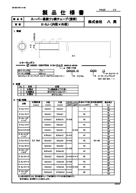 スーパー柔軟フッ素チューブ（透明） E-SJ | 株式会社 八興 製品サイト